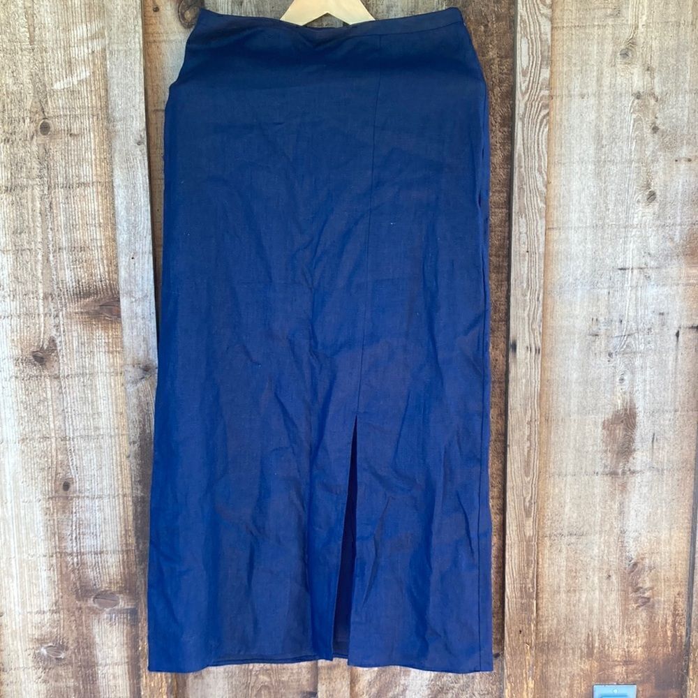 Pure Collection Linen Navy Midi Skirt- Front Slit